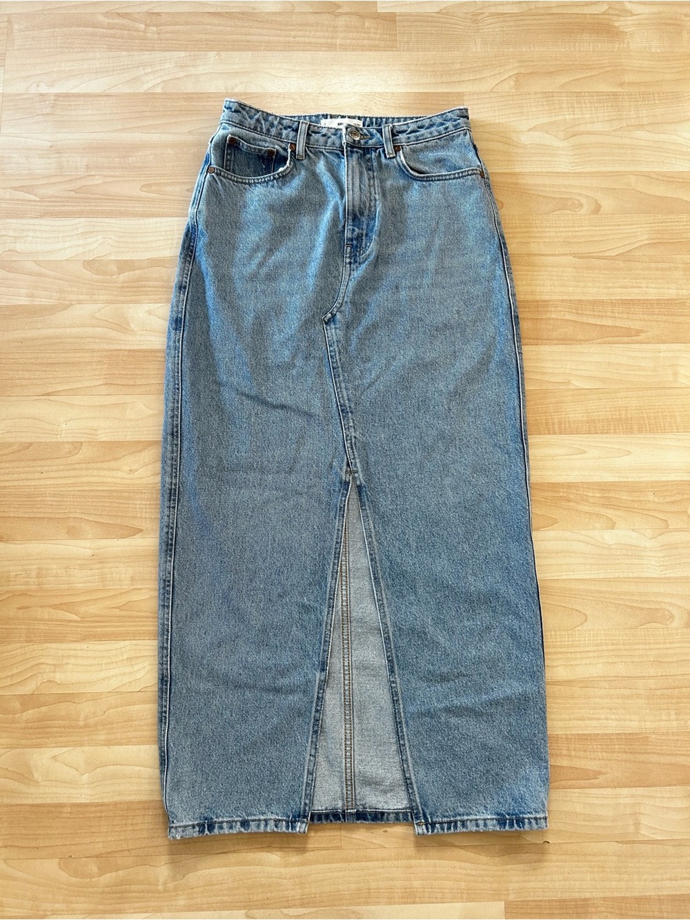 Mango Light Blue Denim Skirt with Branded Button